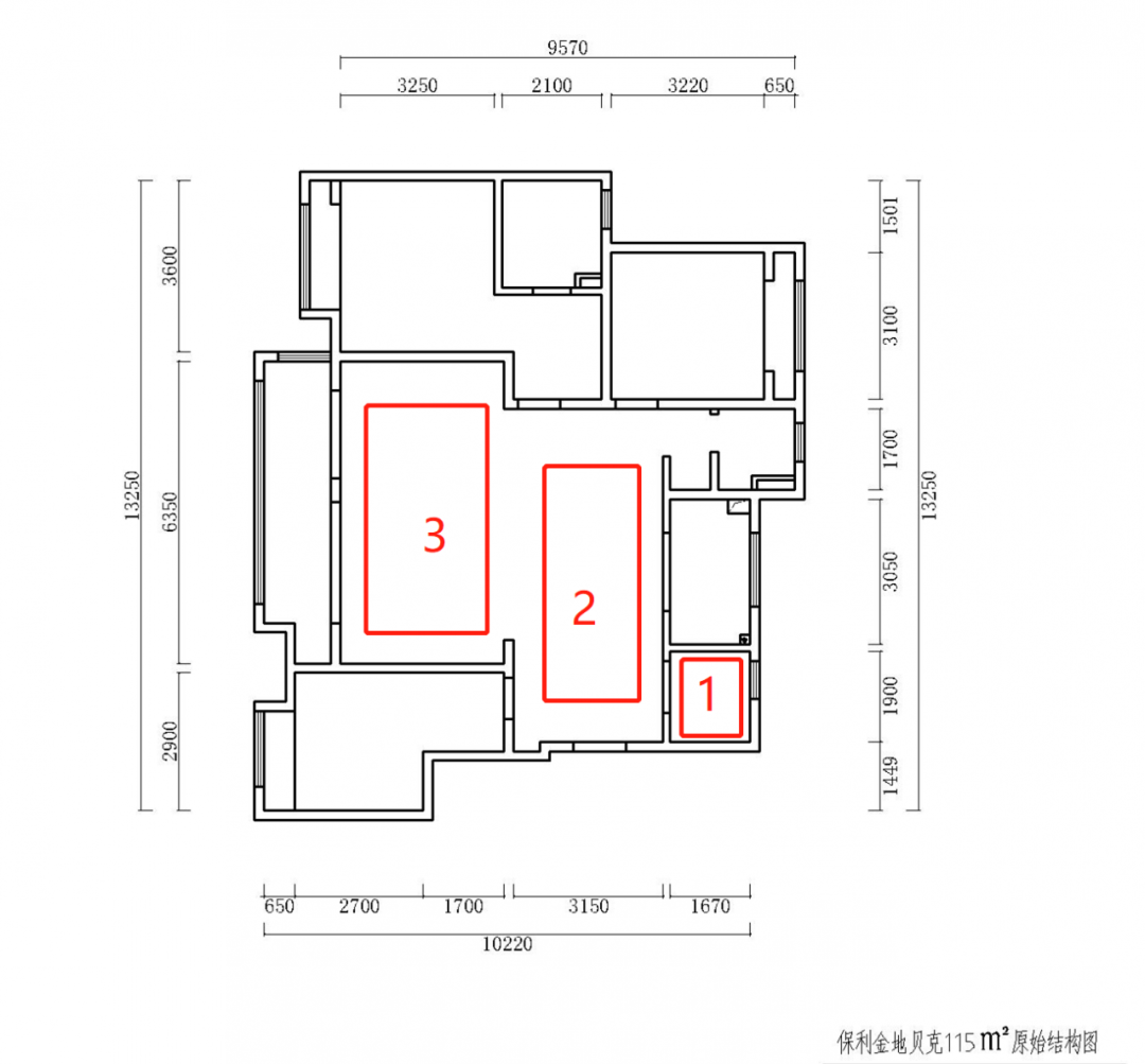 熊皓宇_紅牛設(shè)計(jì)--保利金地貝克115㎡(三房)現(xiàn)代風(fēng)格03戶型分析_原始結(jié)構(gòu)圖