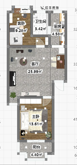 魏明花_一品嘉園2-305-76㎡-簡約風(fēng)格_2室1廳1衛(wèi)_成品家¥117416→00彩平圖
