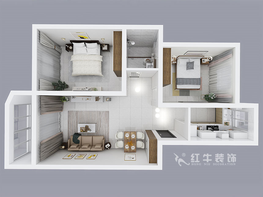 房亮_紅山機(jī)電花園4-104-85㎡-現(xiàn)代簡(jiǎn)約風(fēng)格_2室2廳1衛(wèi)(老房裝修)_成品家¥111499_全包11萬00_04鳥瞰圖