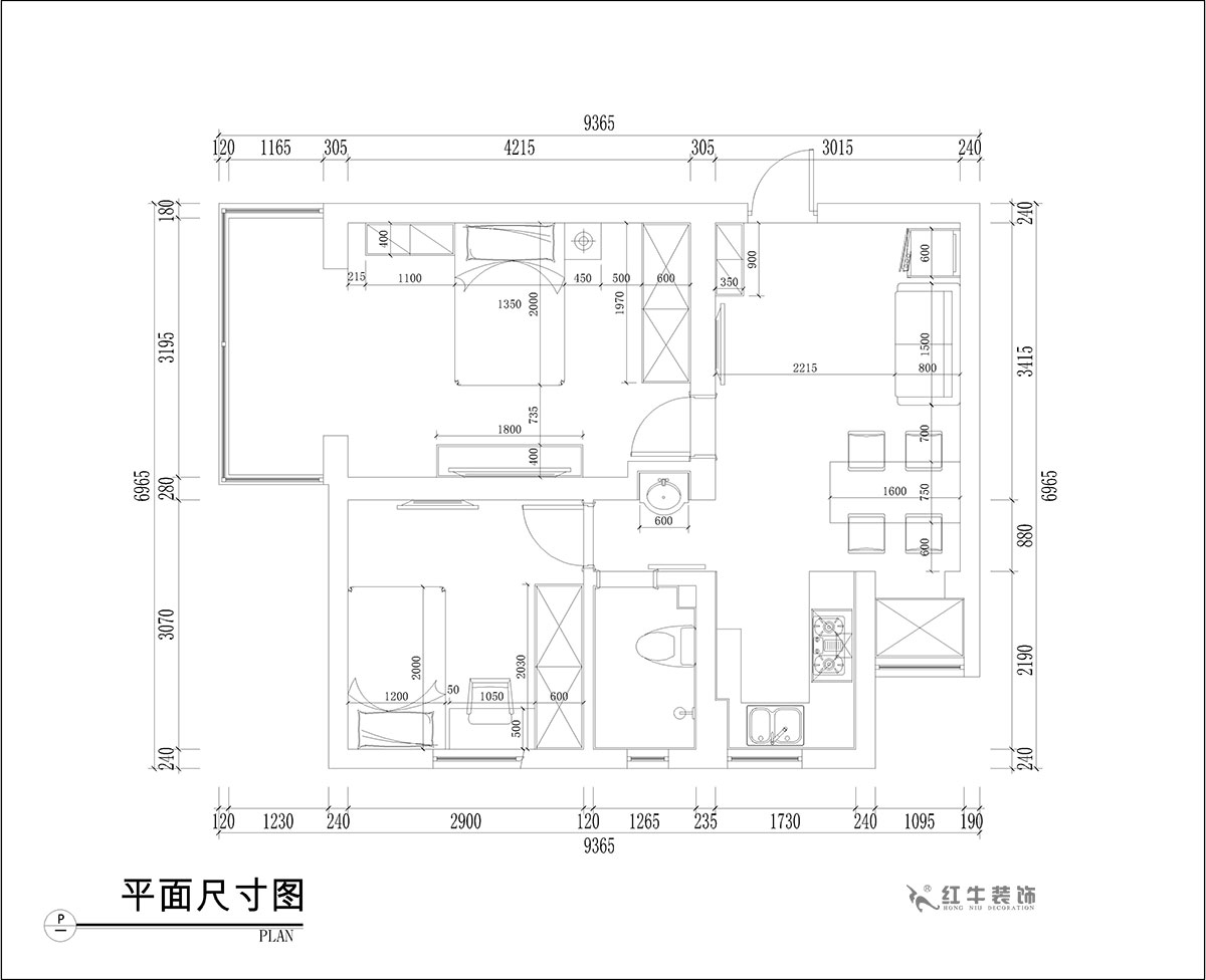 張桐瑋|騰飛園7-104-58㎡-現(xiàn)代簡約風格|2室1廳1衛(wèi)|舊房改造|定制家¥65000|全包10萬|00_03平面尺寸圖