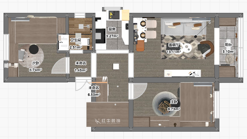 孟憲濤|張府園小區(qū)20號(hào)202室-70㎡-簡(jiǎn)約風(fēng)格|2室1廳1衛(wèi)|老房裝修|定制家¥95000|全包12萬(wàn)|00_03平面彩圖