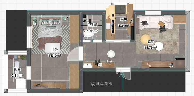 孟憲濤|大光路菜市口1號2-2-205-50㎡-簡約風格|1室1廳1衛(wèi)|老房裝修|定制家|全包9萬|00_03平面彩圖