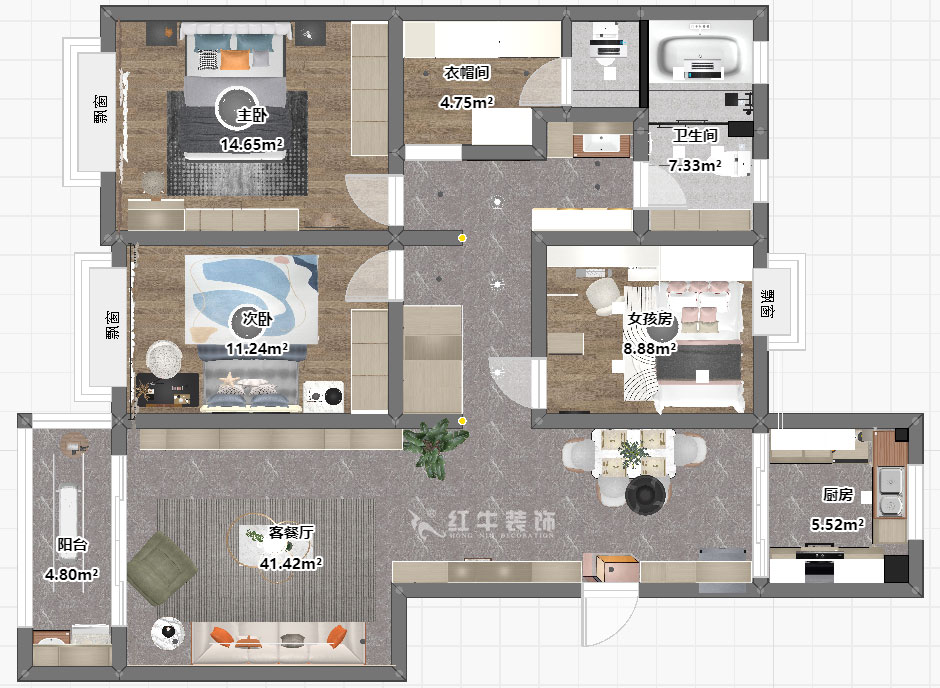 魏明花|鴻意星城19-302-130㎡-現代簡約風格|3室2廳2衛(wèi)|二手房裝修|定制家|全包17