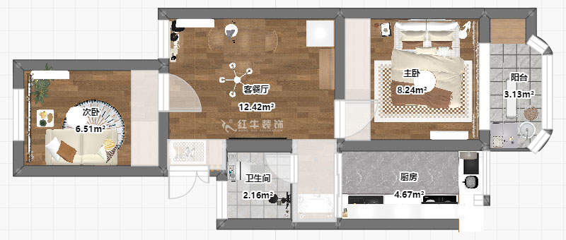 高靈慧|南苑臺園26號9-401-60㎡-北歐風(fēng)格|2室1廳1衛(wèi)|老房裝修|定制家|全包9萬|00_03平面彩圖