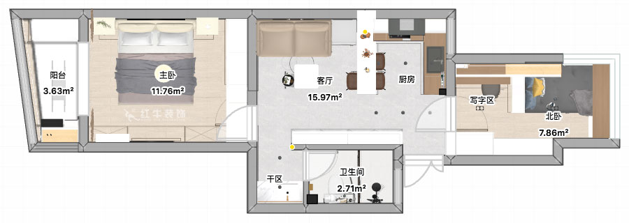 張智猿|景明佳園拾景苑1-1-402-50㎡-現(xiàn)代風(fēng)格|2室1廳1衛(wèi)|老房裝修|定制家|全包12萬|00_04平面彩圖