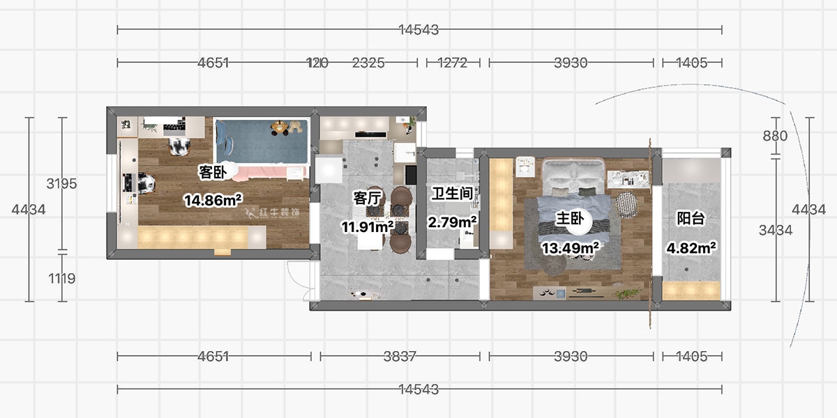 顧娟|游府新村14-53-702-60㎡-現(xiàn)代簡約風格|2室2廳1衛(wèi)|舊房裝修|定制家|全包11萬|00_03平面彩圖