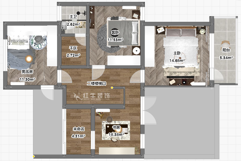 吳波|翠屏國際香樟苑-7-404-124㎡-現(xiàn)代風(fēng)格|3室2廳2衛(wèi)|二手房裝修|定制家|全包17萬|00_06二樓平面彩圖