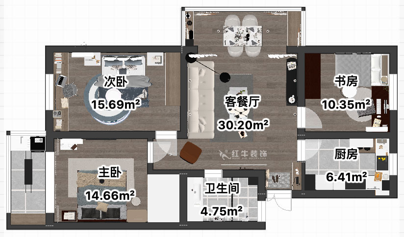 吳波|宏鷹花園2-601-103㎡-現(xiàn)代簡約風(fēng)格|3室2廳1衛(wèi)|舊房裝修|定制家|全包13萬|00_04平面彩圖